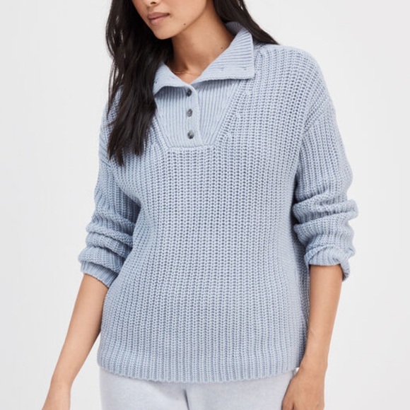 Talbots Sweaters - Talbots Haven Well Within Knit Button Up Mock Neck Sweater Blue XXL Fisherman